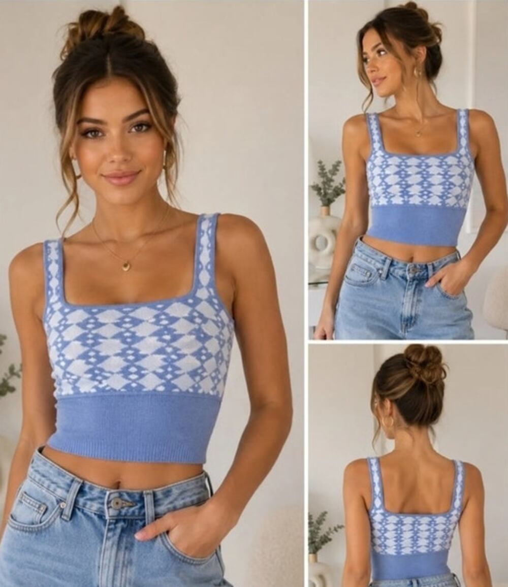 Princess Polly Blue White Geometric Jacquard Knit Square Neck Crop Tank Top XS/S